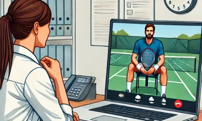 A scene showing an HR representative conducting a Zoom interview with a tennis coach